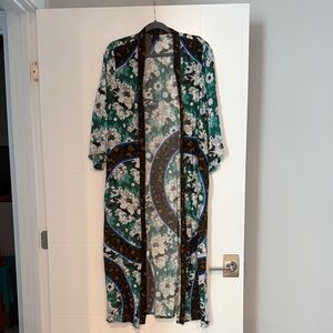 Green Floral Long Kimono Coatigan with Contrast Trim